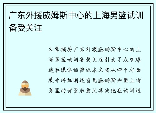 广东外援威姆斯中心的上海男篮试训备受关注